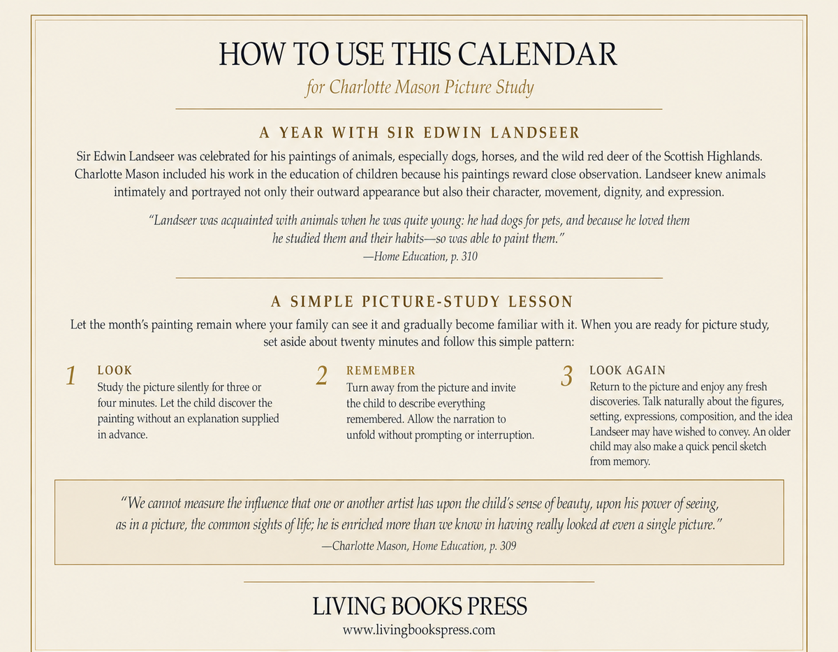 A Year with Landseer-2027 Charlotte Mason Picture Study Calendar